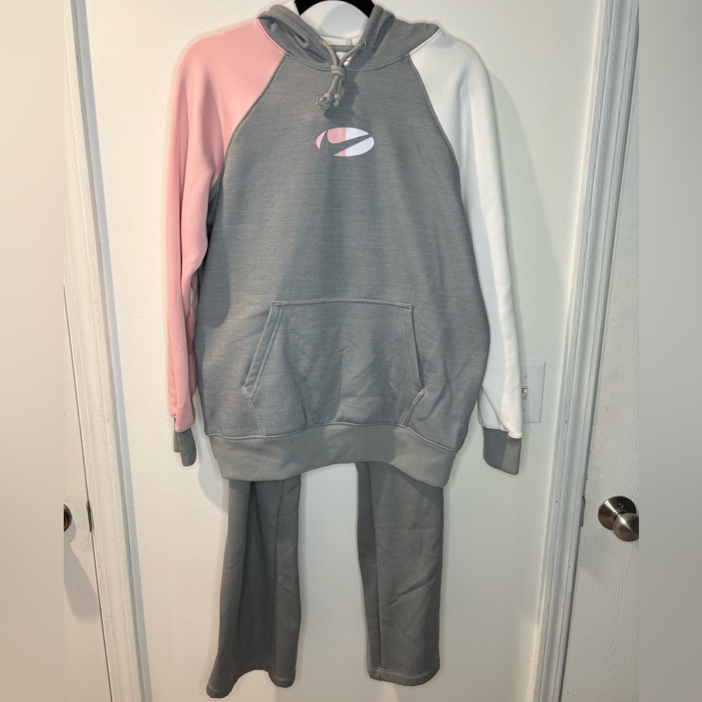 Nike Therma-Fit Fleece Grey and Pink Colorblock Hoodie and Sweatpants Set #11